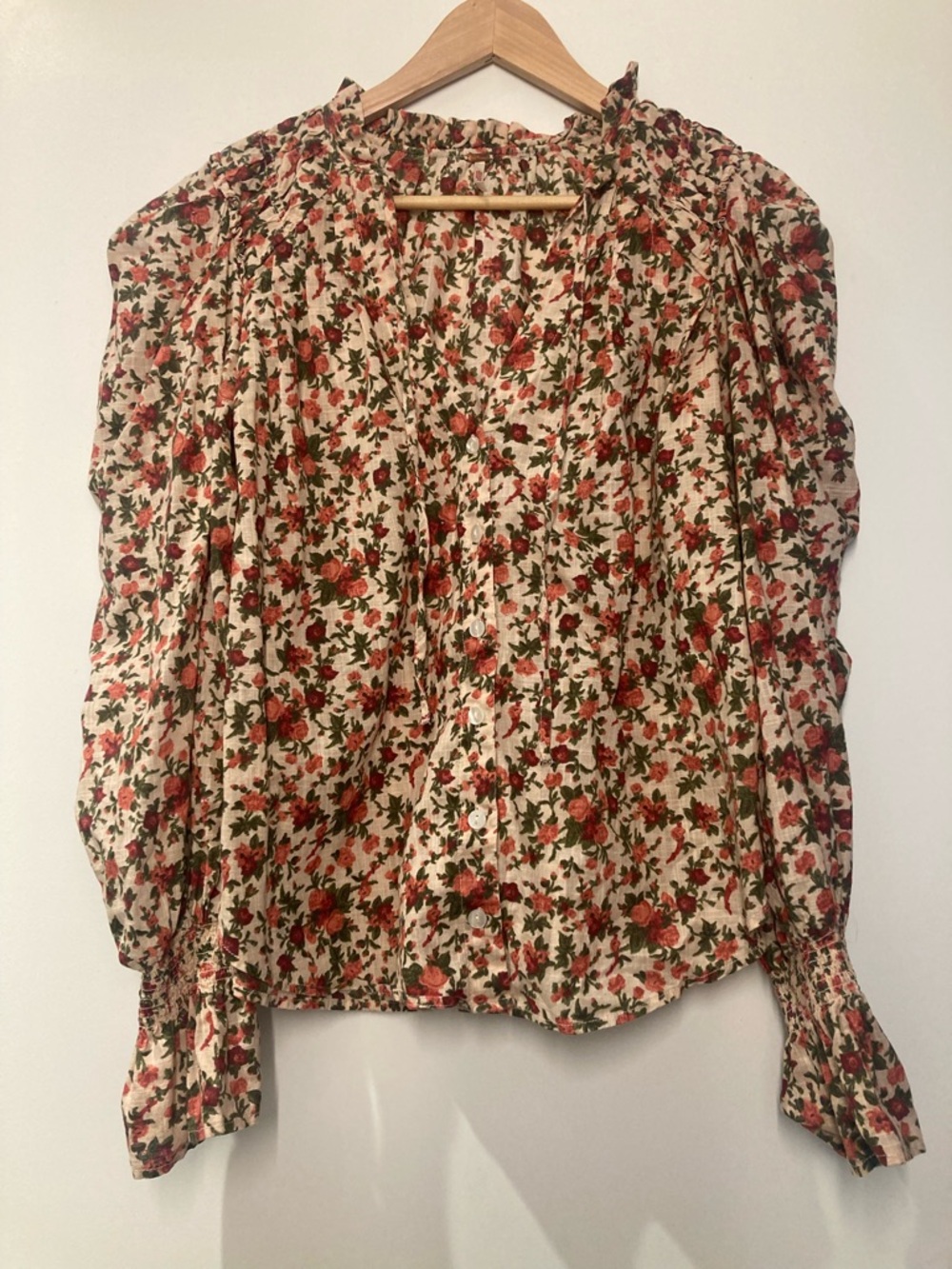 Free People Floral Peasant Blouse in Cream, Green & Rust